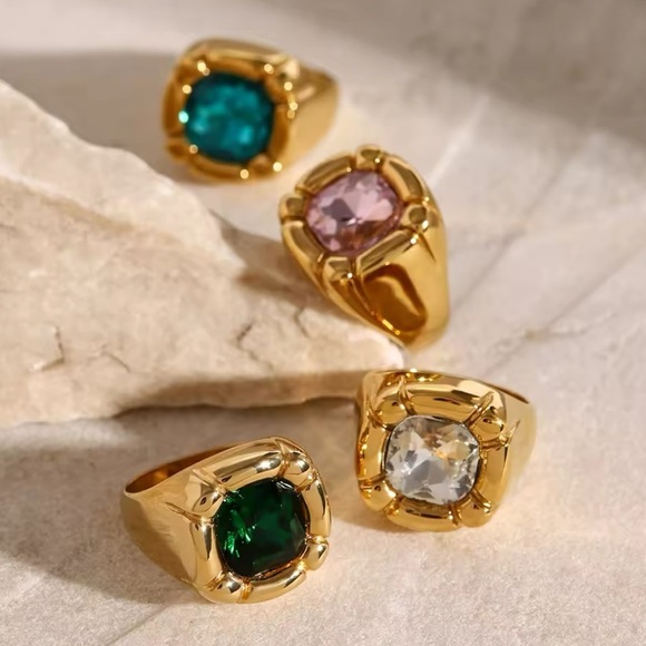 Emerald Green 18K Gold Stainless Steel Waterproof Gemstone Ring - Picture 9 of 15